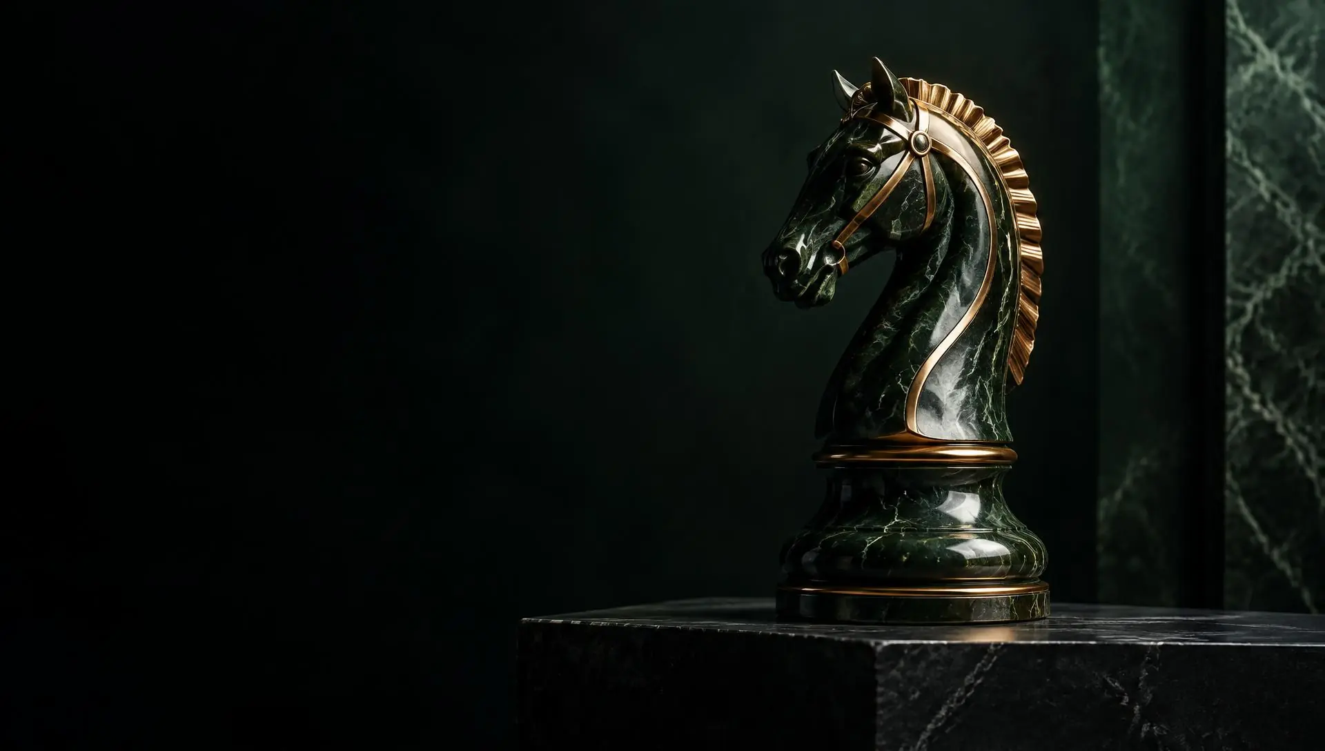 Cavalo de xadrez em mármore verde com detalhes dourados